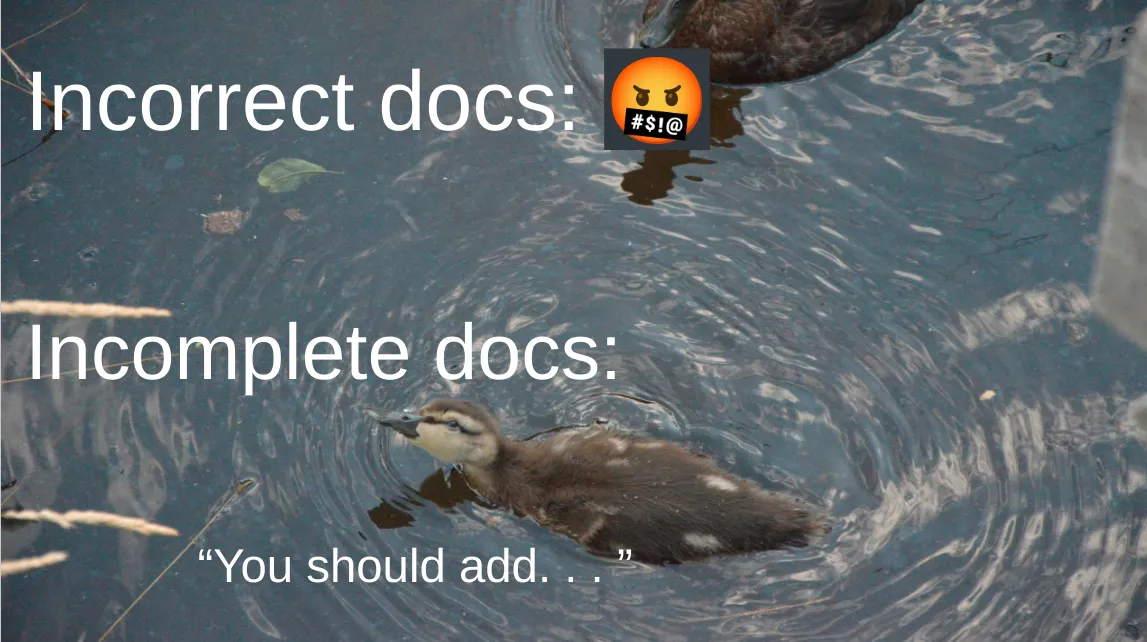 Two ducks swimming, one with a cursing emoji face over its head representing incorrect docs. The second is a duckling looking up sweetly representing the friendlier reaction when you have incomplete docs, as if asking "Could you add...?"