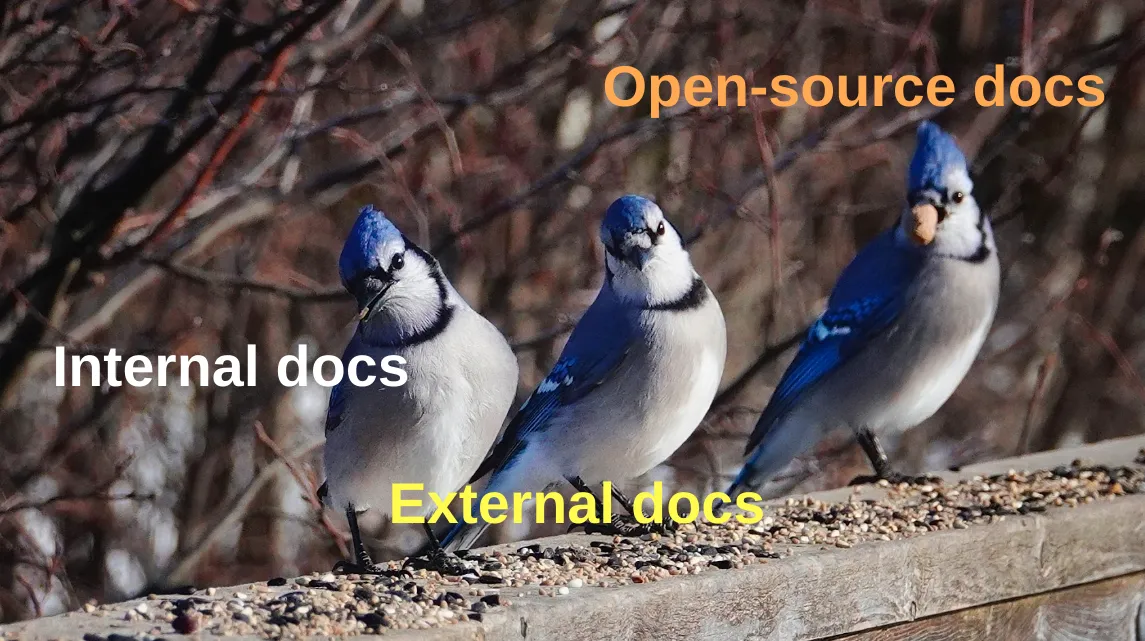 Three blue jays standing in a row, each labelled as a different kind of docs: internal, external, open-source